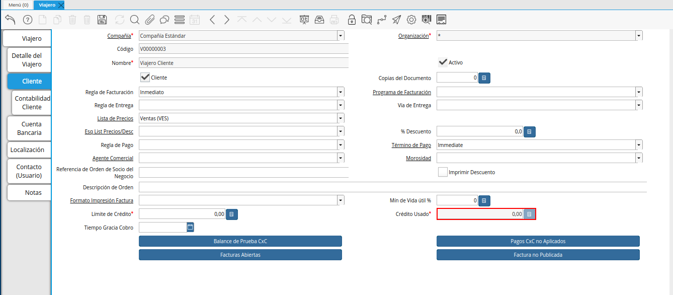 campo crédito usado de la pestaña cliente