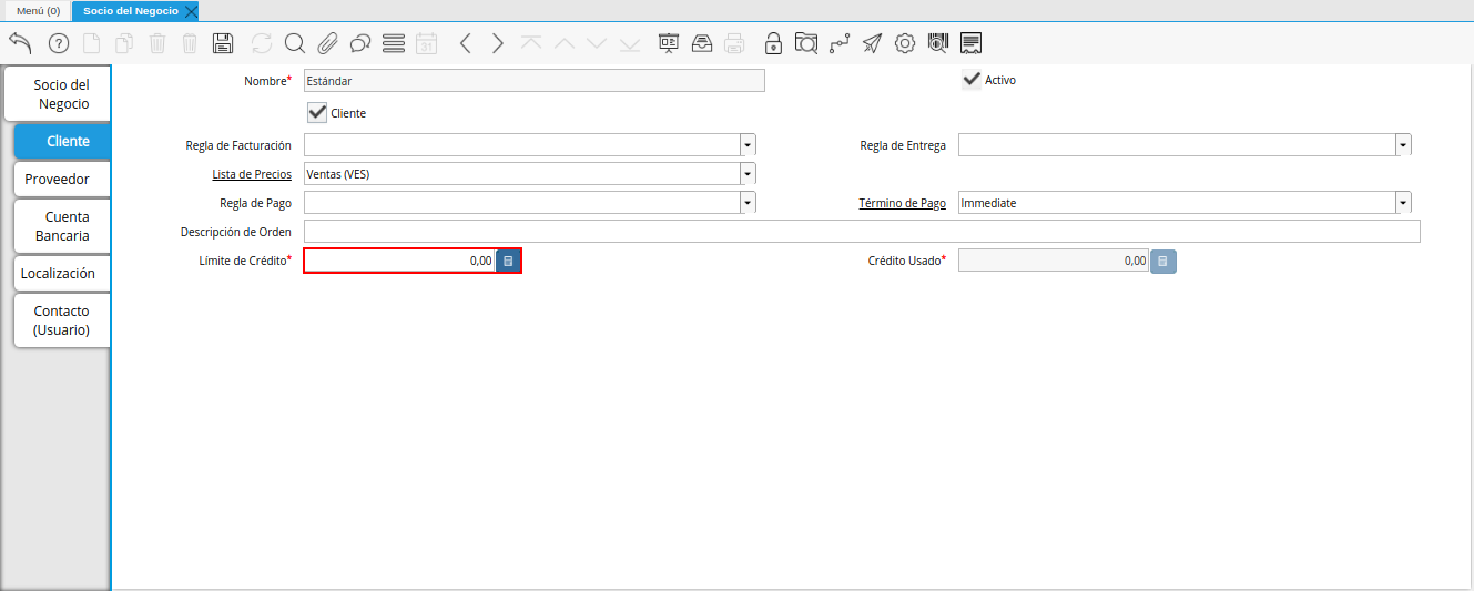Campo Límite de Crédito de la Pestaña Cliente
