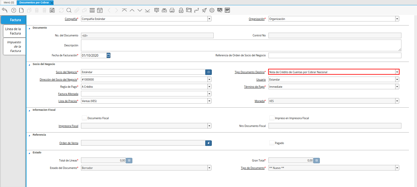 Campo Tipo de Documento Destino nota de crédito