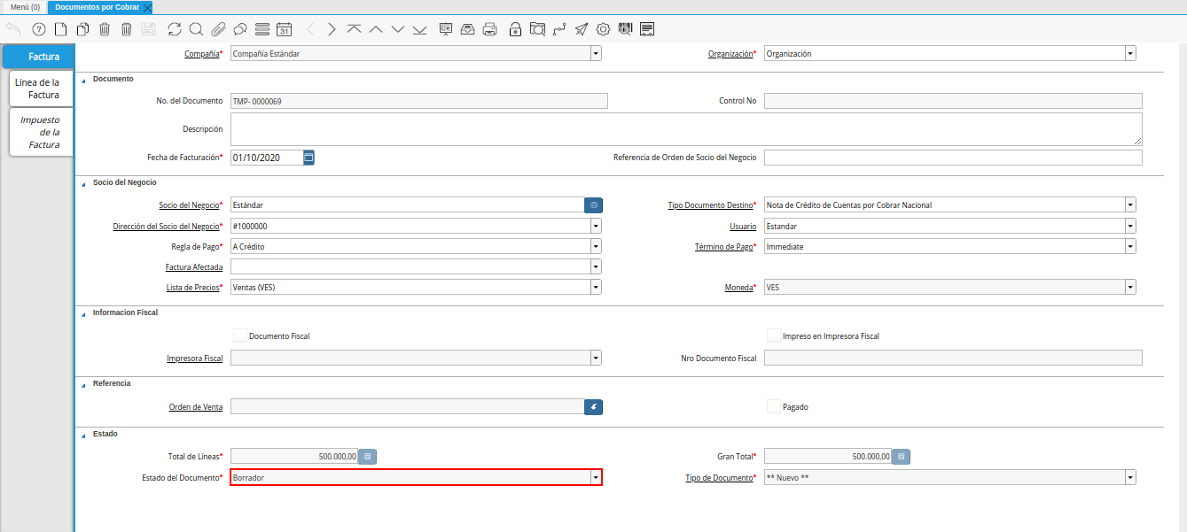 campo estado del documento nota de crédito