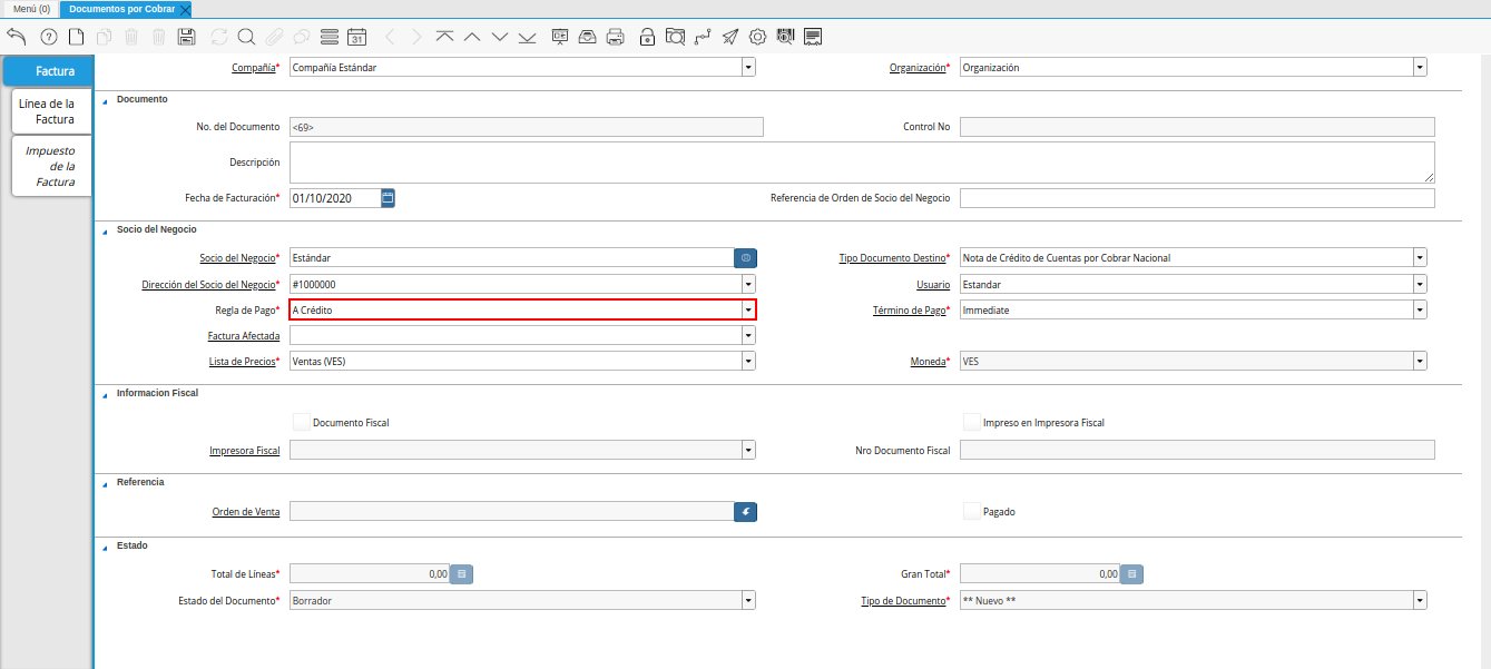 campo regla de pago nota de crédito