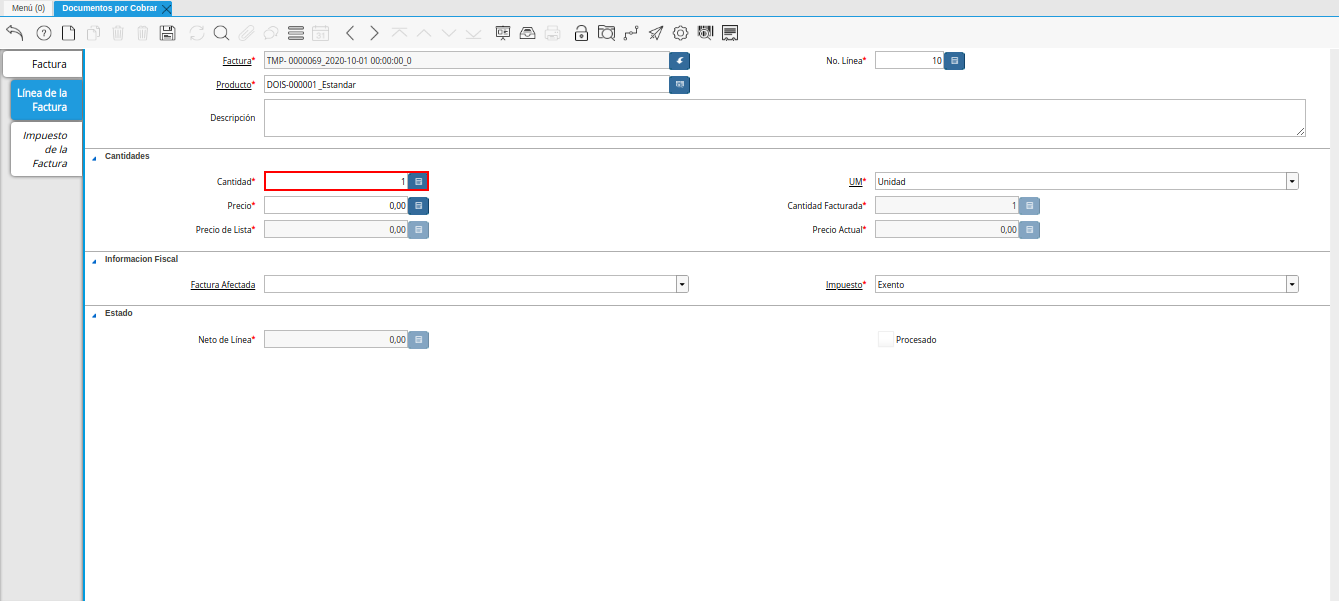 Campo Cantidad nota de crédito