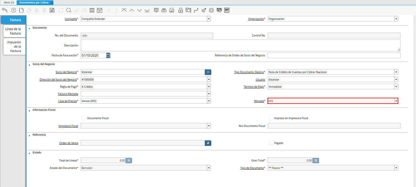 Campo Moneda nota de crédito