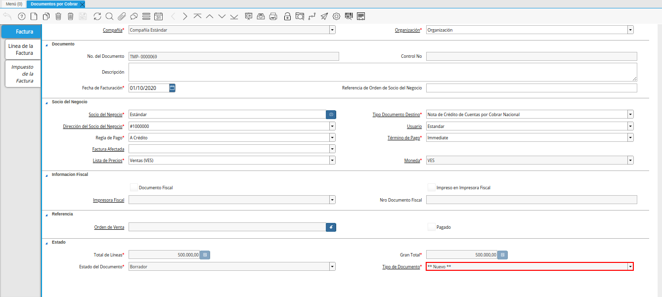 campo tipo de documento nota de crédito