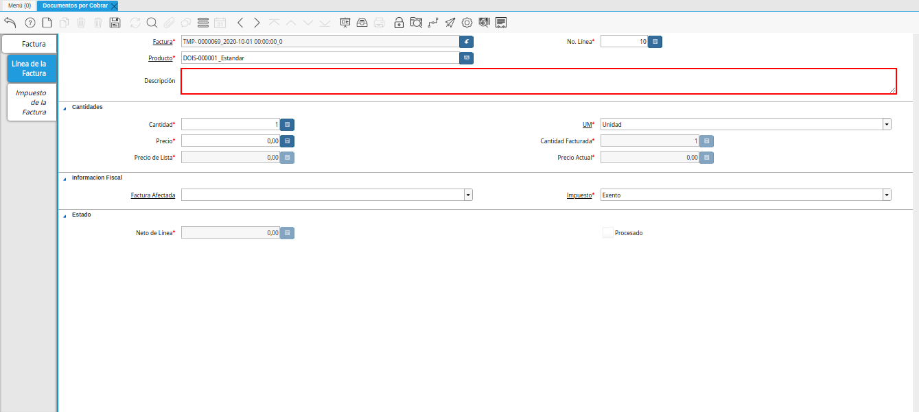 campo descripción línea nota de crédito