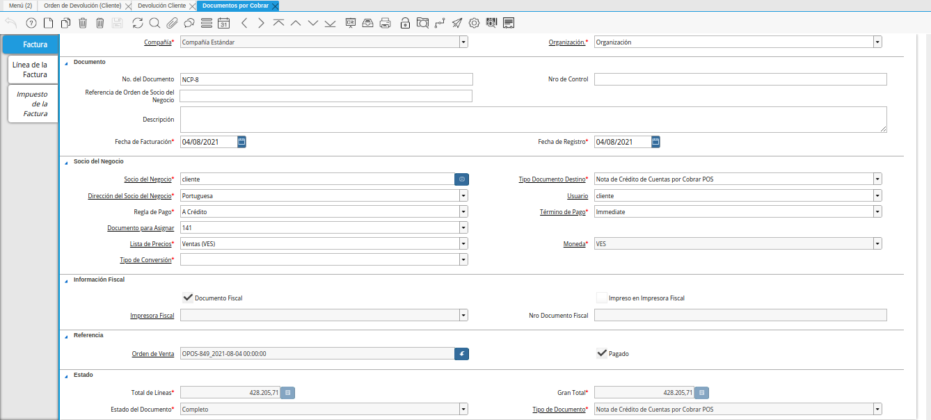 consulta de nota de crédito generada