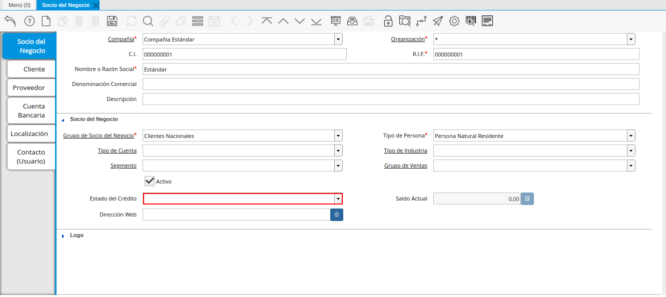Campo Estado de Crédito de la Pestaña Principal Socio del Negocio