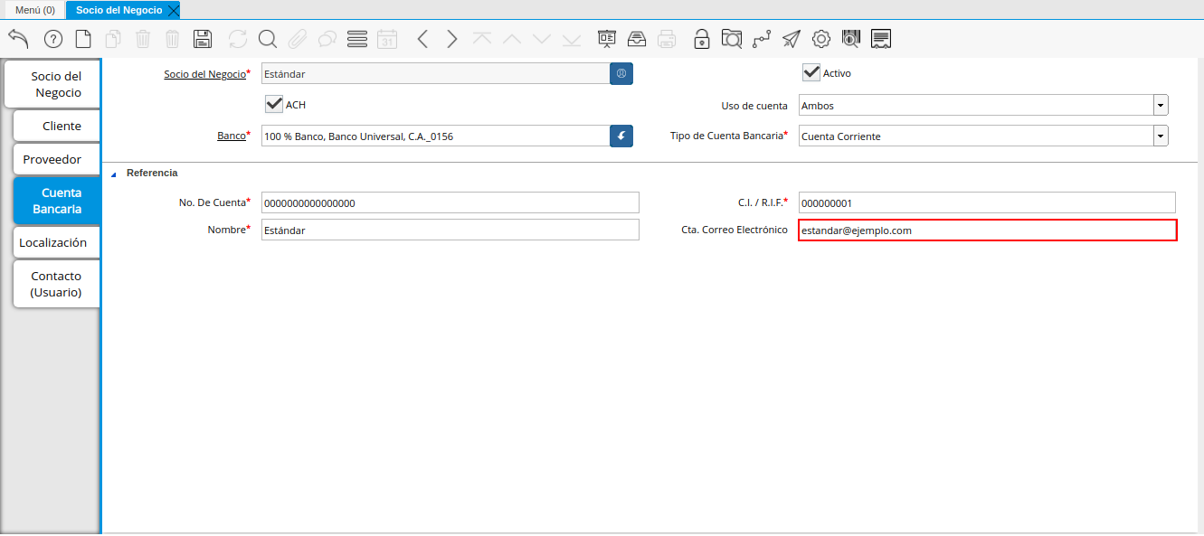 Campo Cta Correo Electrónico del Titular de la Cuenta de la Pestaña Cuenta Bancaria del Registro Proveedor