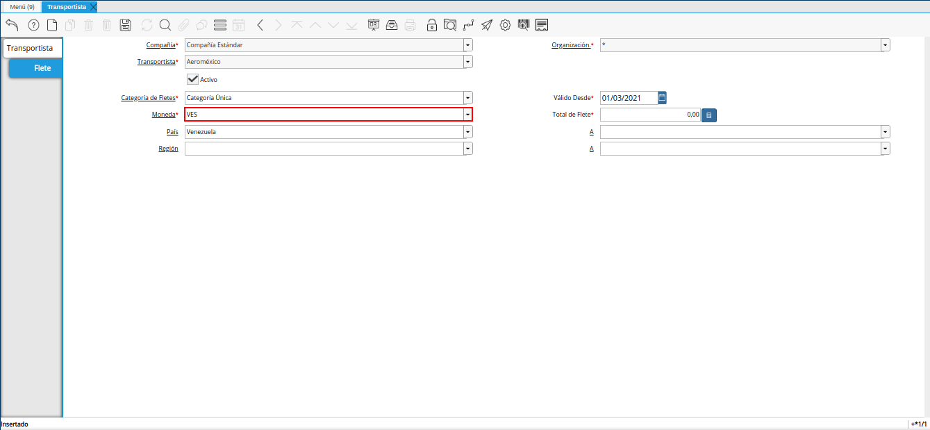 campo moneda de la ventana transportista