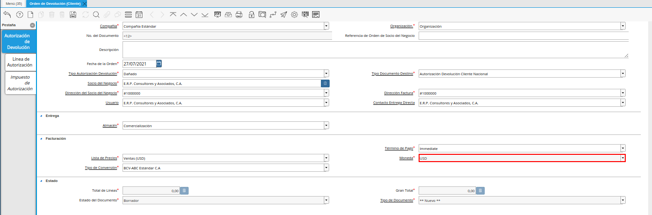 campo moneda de la ventana orden de devolución cliente