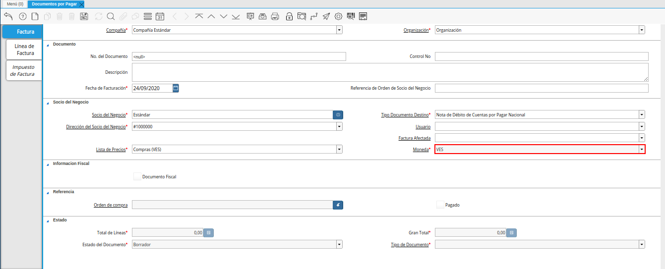 campo moneda de la ventana documentos por pagar débito