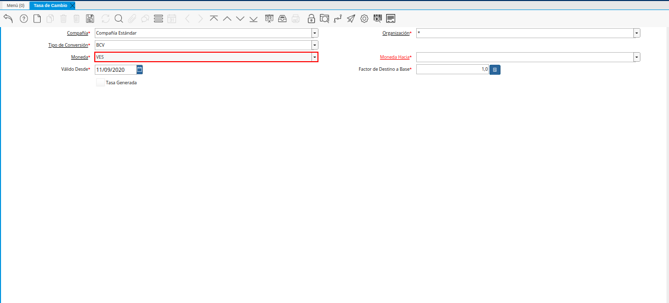 Campo Moneda de la Ventana Tasa de Cambio