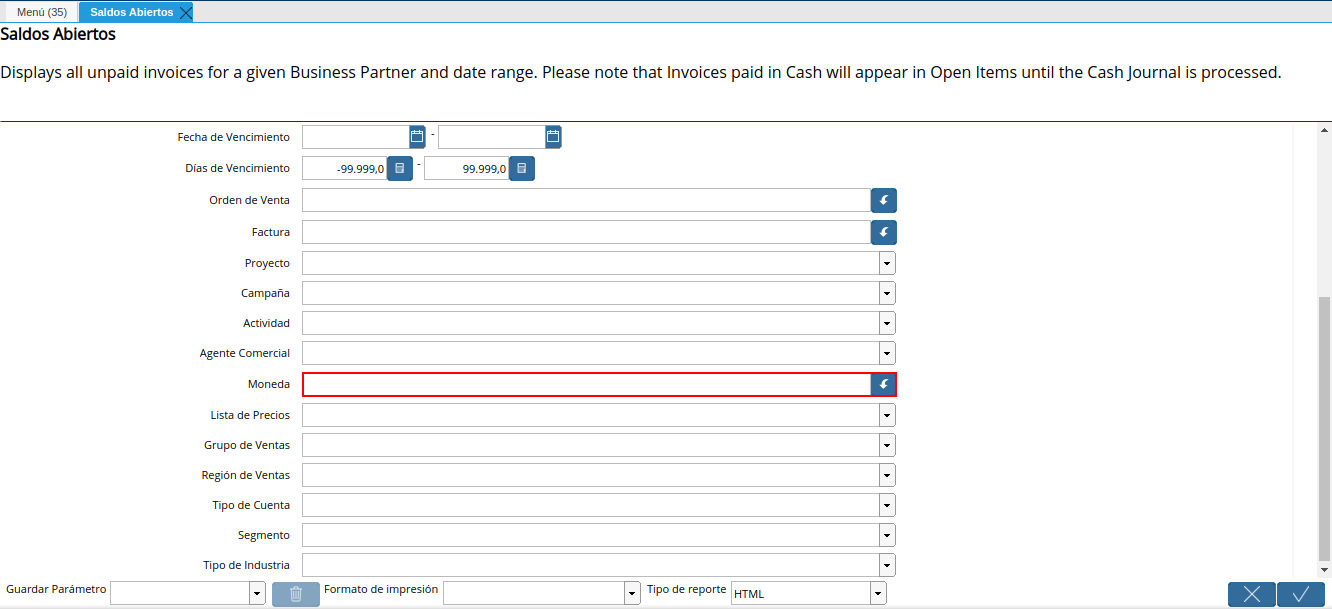 campo moneda del reporte de saldos abiertos