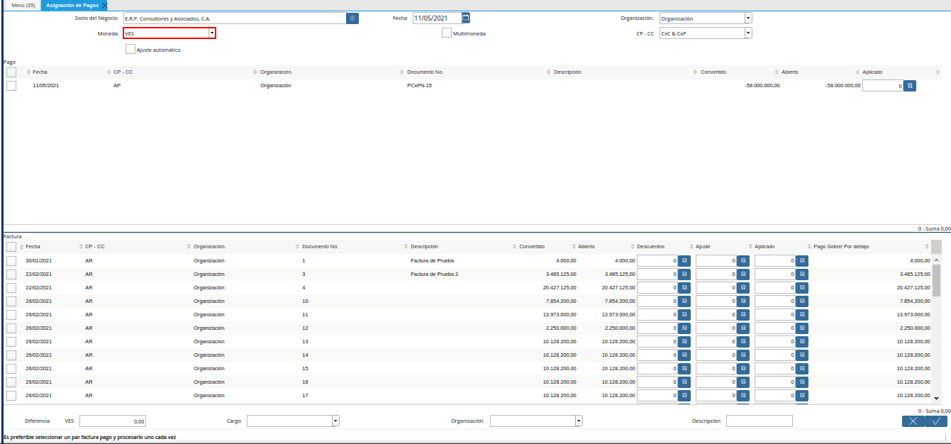 campo moneda de la ventana asignación de pagos