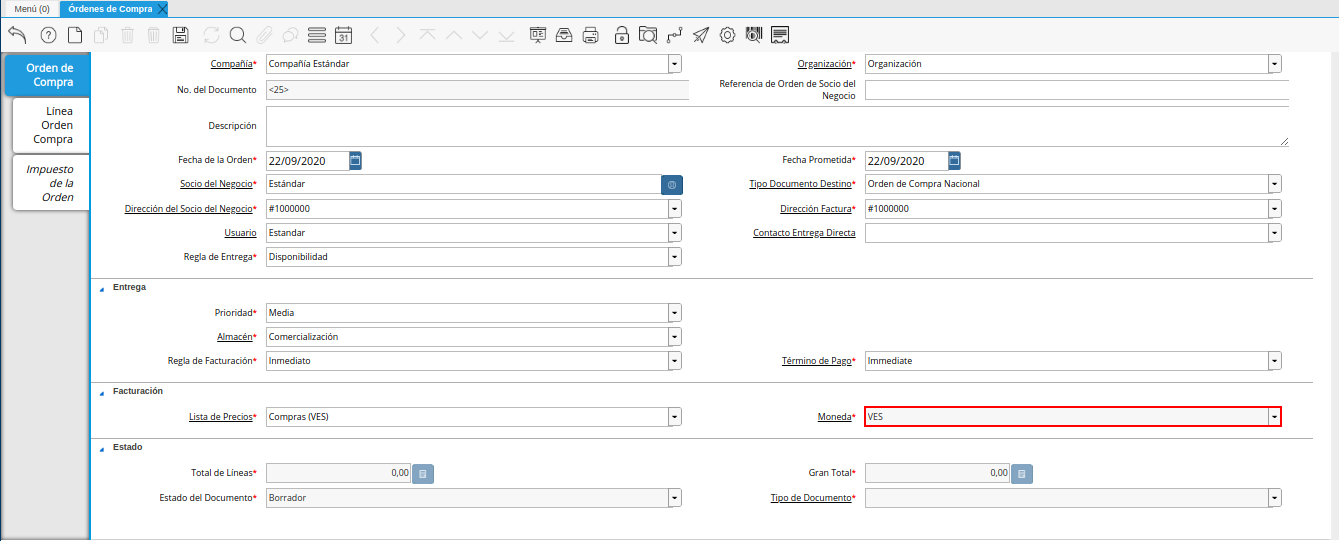 campo moneda de la ventana órdenes de compra