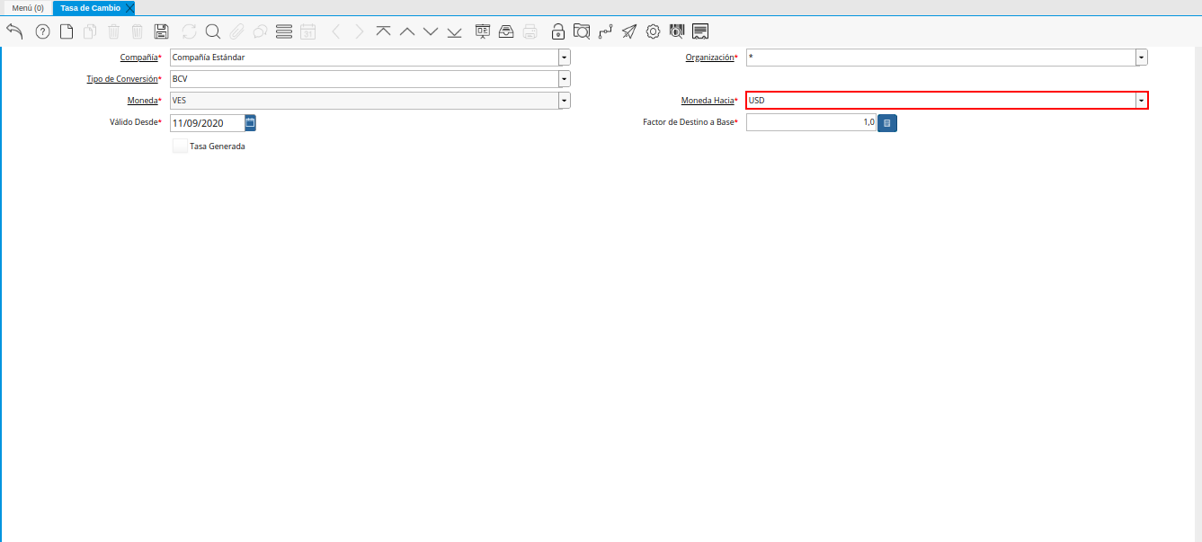 Campo Moneda Hacia de la Ventana Tasa de Cambio