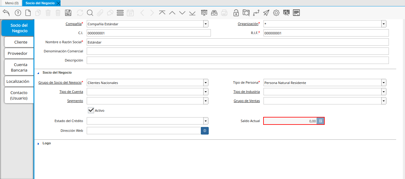 Campo Saldo Actual de la Pestaña Principal Socio del Negocio
