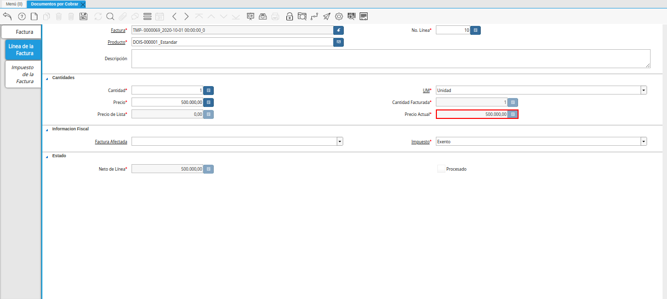 campo precio actual nota de crédito