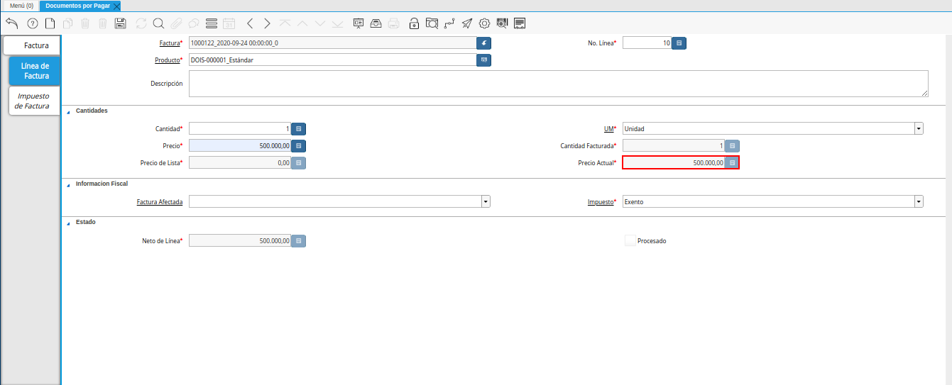campo precio actual de la pestaña linea de factura débito
