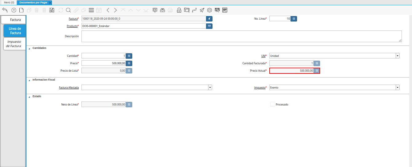 campo precio actual de la pestaña linea de factura