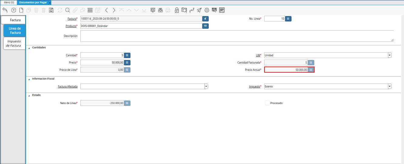 campo precio actual de la pestaña linea de factura