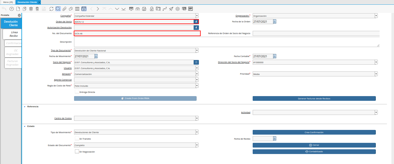 documento de devolución cliente generado