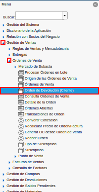 menú de orden de devolución cliente