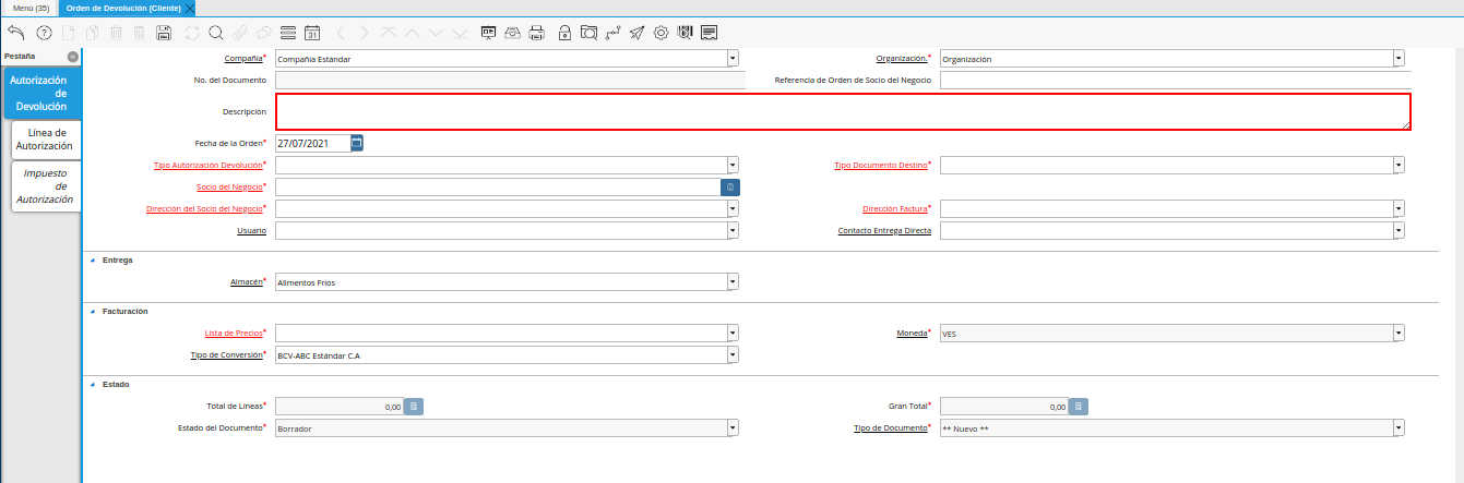 campo descripción de la ventana orden de devolución cliente