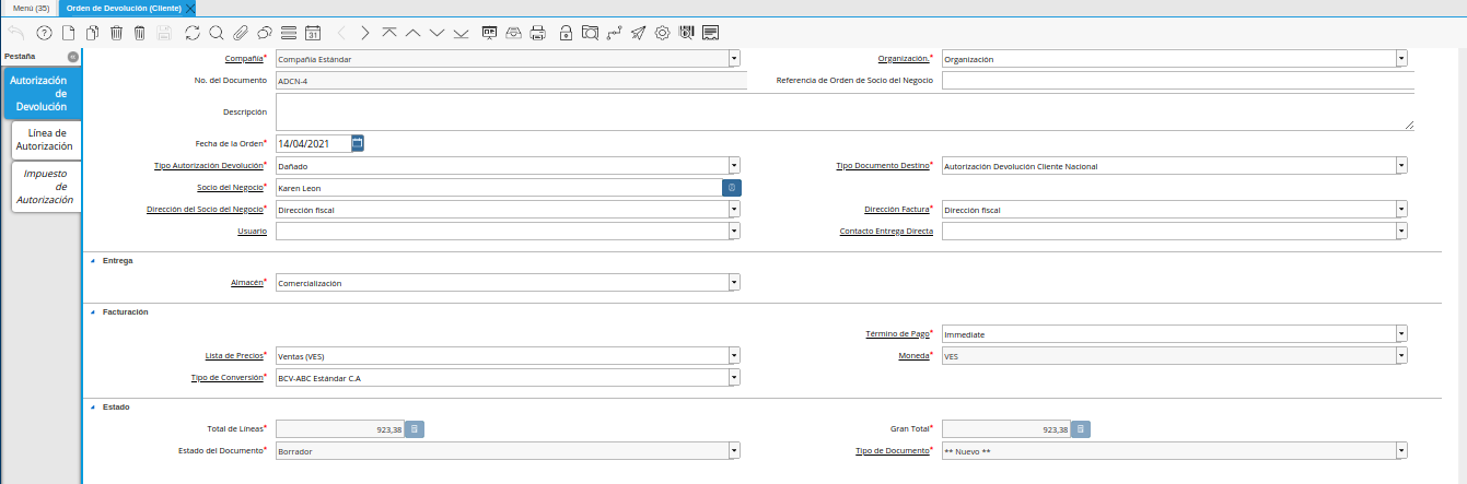ventana orden de devolución cliente