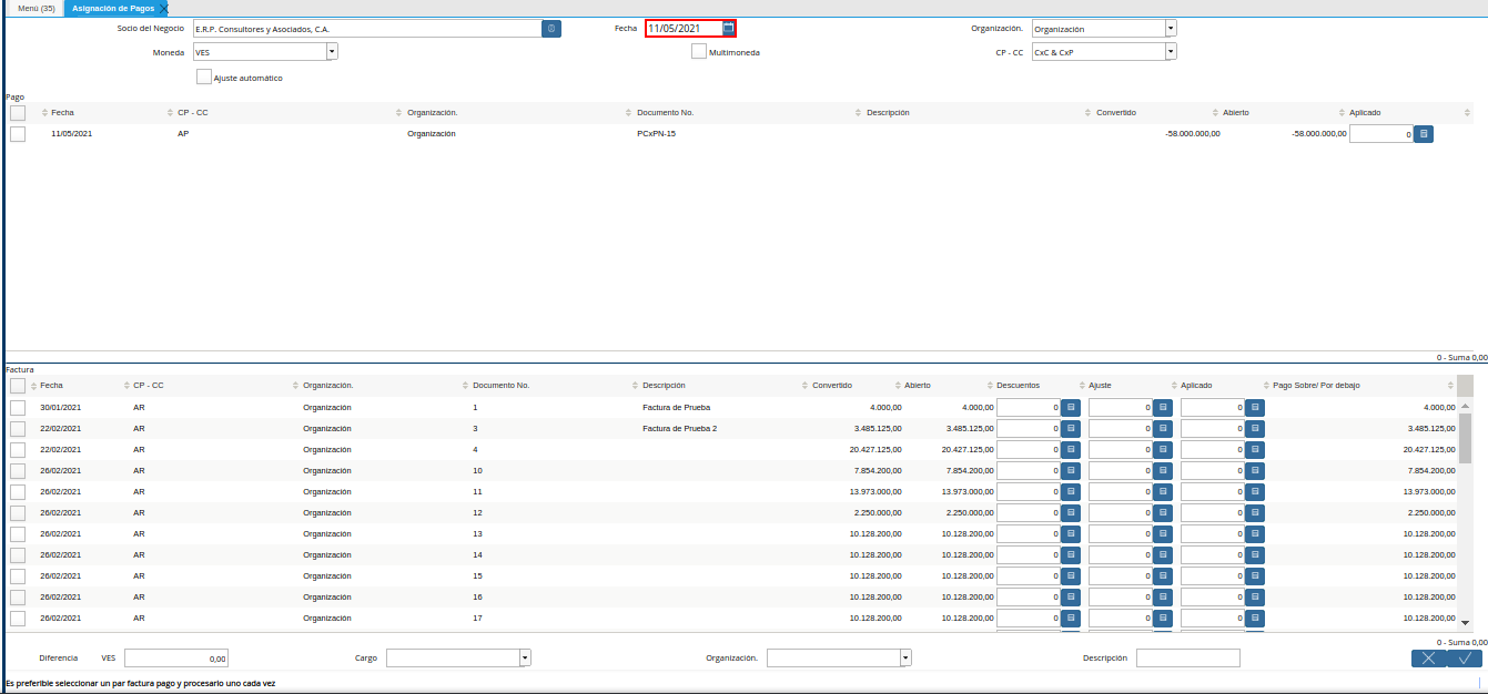 campo fecha de la ventana asignación de pagos