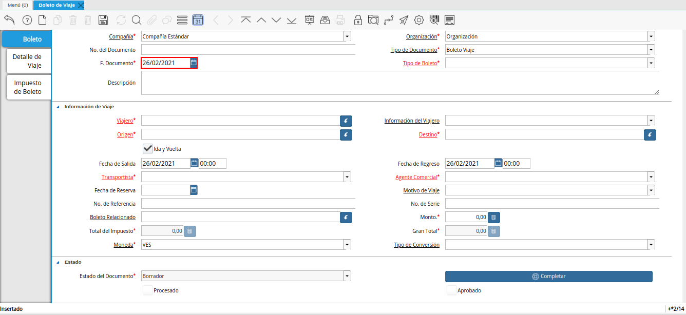 campo fecha del documento de la ventana boleto de viaje