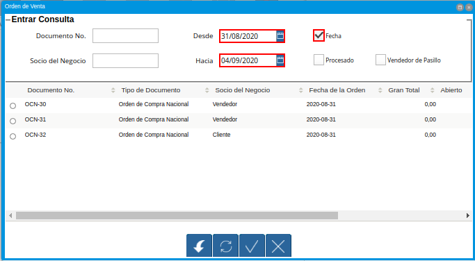 Campos Fecha Desde Hasta del Grupo de Campos Entrar Consulta de la Ventana Orden de Venta Desplegada por el Icono Registros Históricos