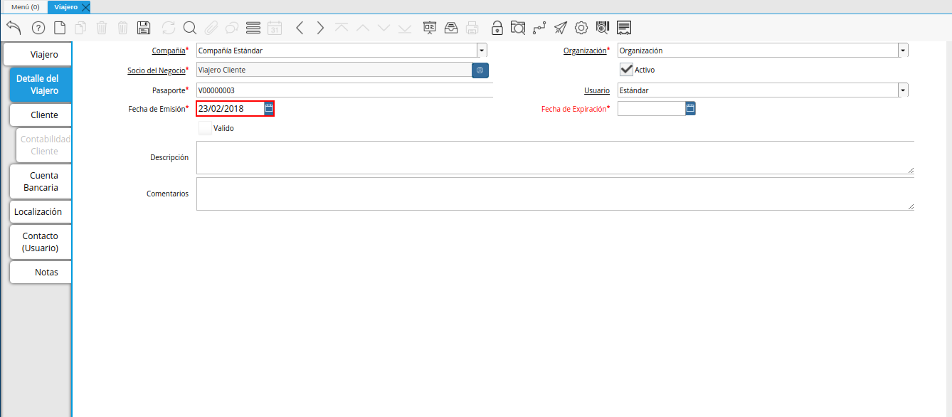 campo fecha de emisión de la pestaña detalle del viajero