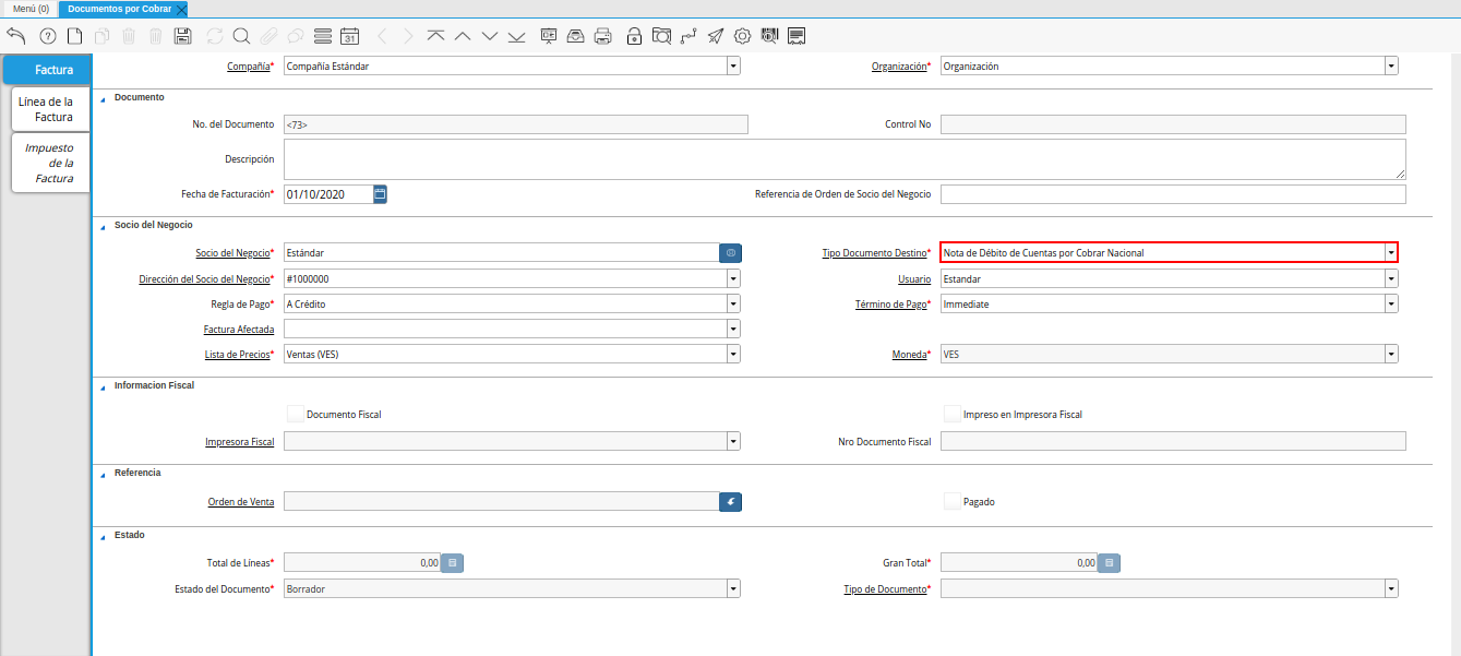 Campo Tipo de Documento Destino nota de débito