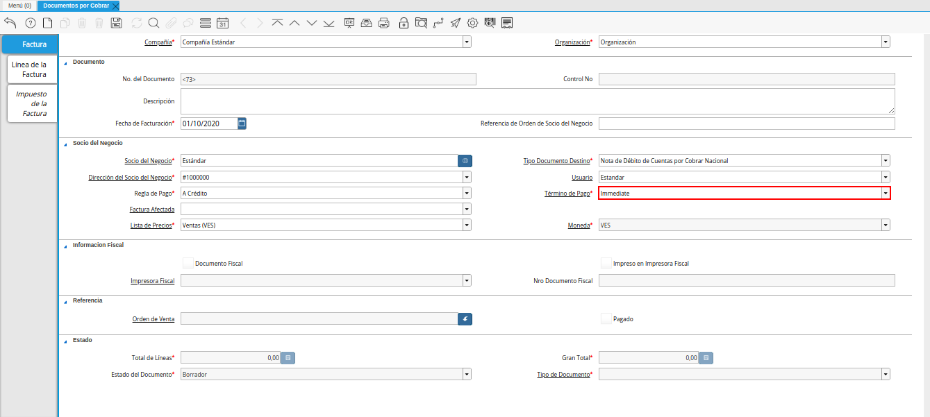 Campo Término de Pago nota de débito