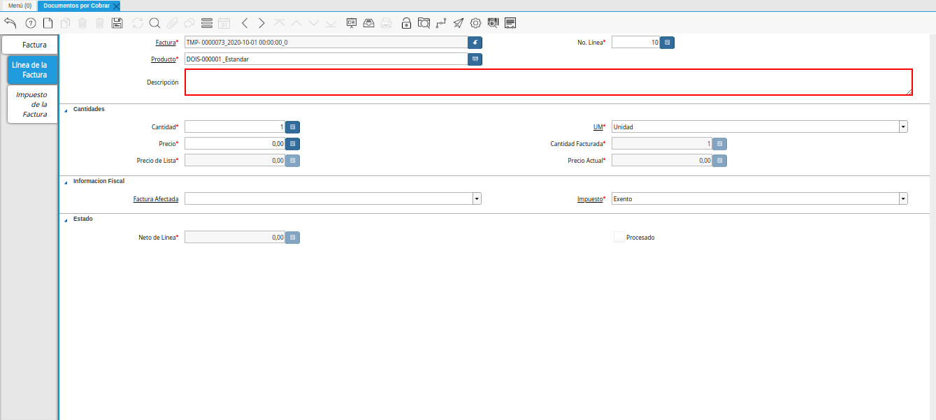 campo descripción línea nota de débito