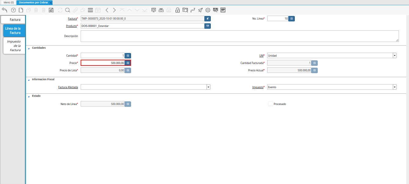 Campo Precio nota de débito