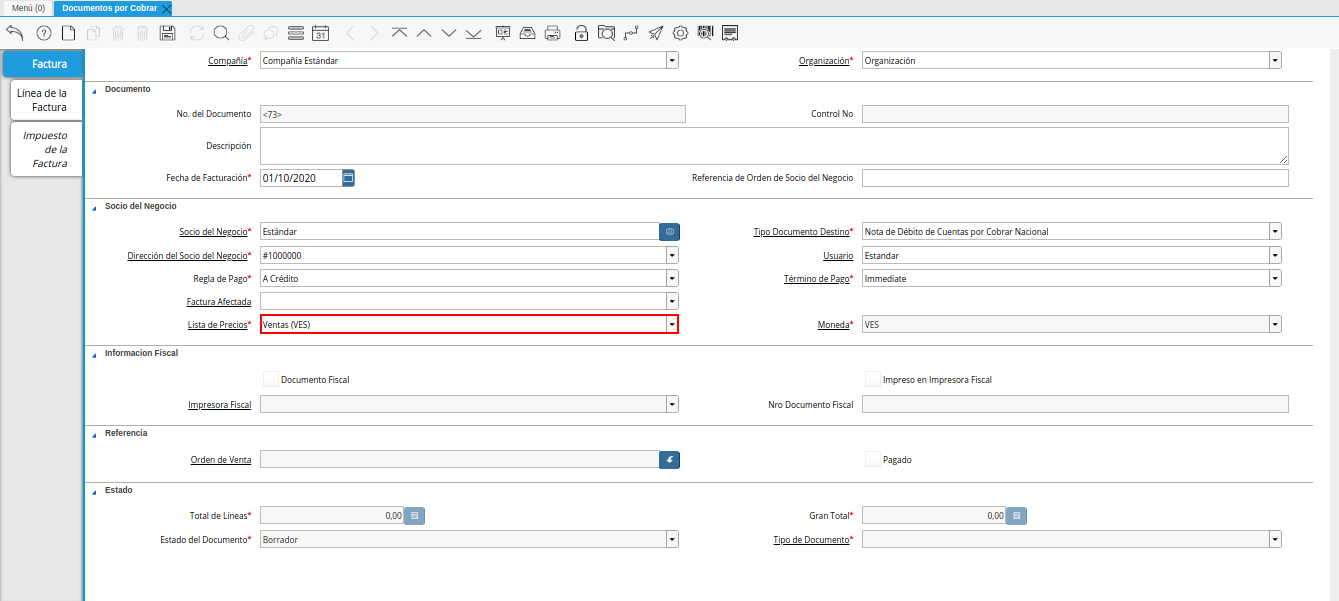 Campo Lista de Precios nota de débito