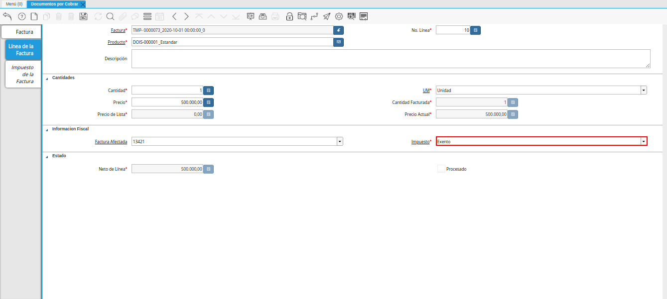 Campo Impuesto nota de débito