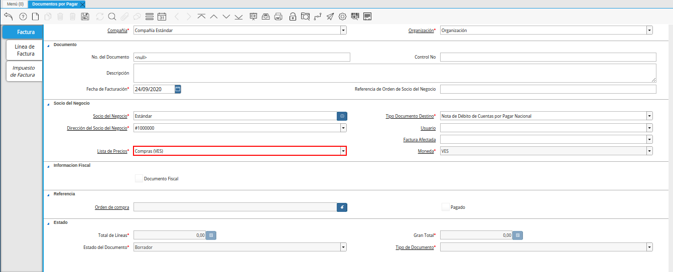 campo lista de precios de la ventana documentos por pagar débito