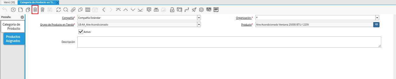 icono borrar registro en la pestaña productos asignados