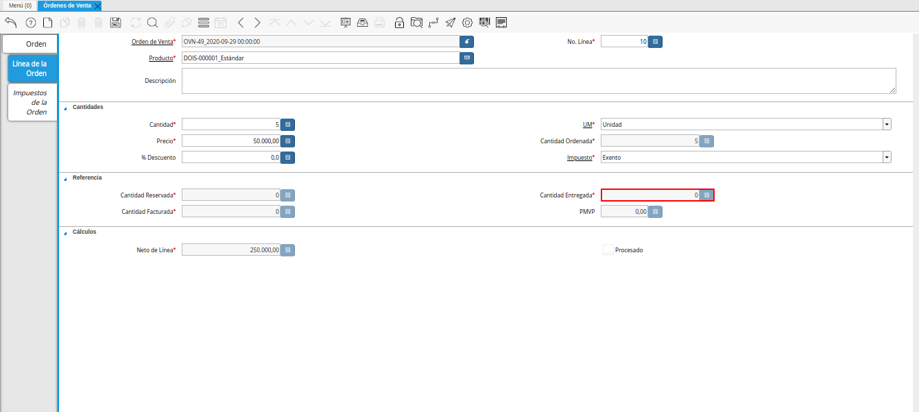 campo cantidad entregada de la ventana órdenes de venta