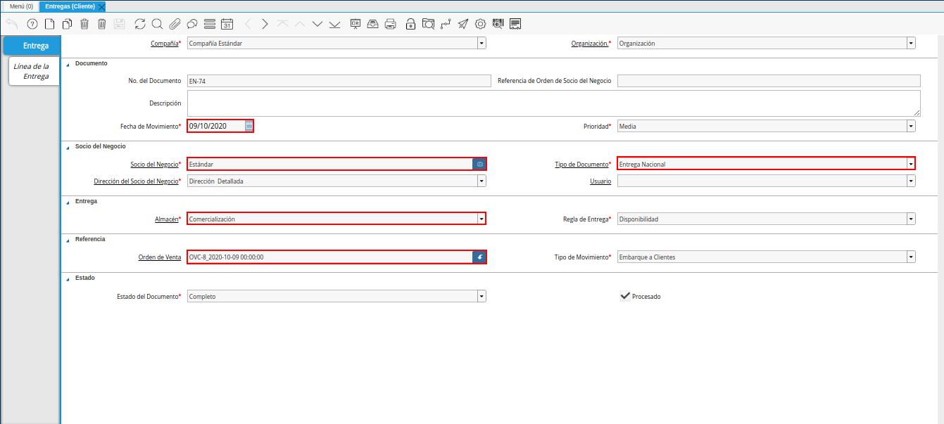 entrega desde línea de la orden
