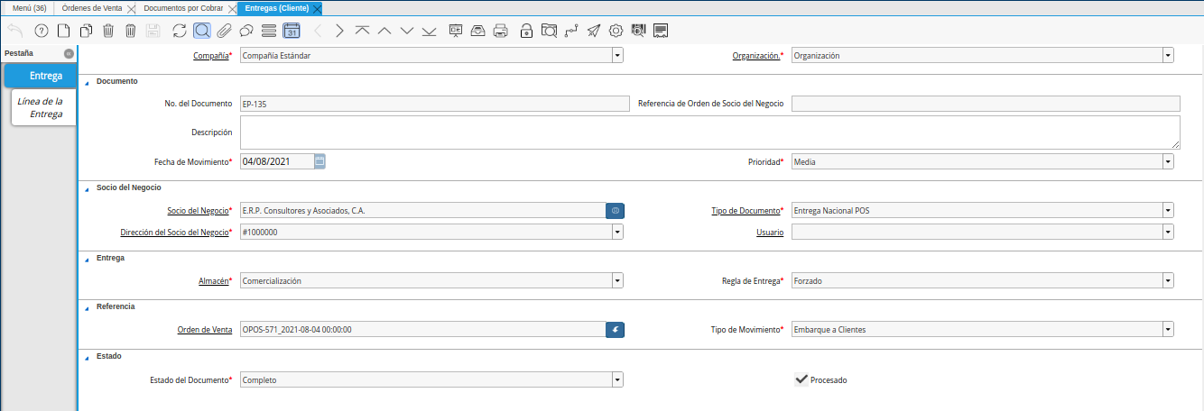 consulta de entrega generada