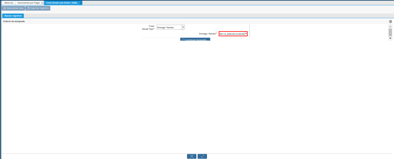 campo entrega recibo de la ventana crear desde