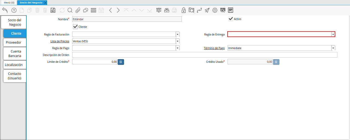 Campo Regla de Entrega de la Pestaña Cliente