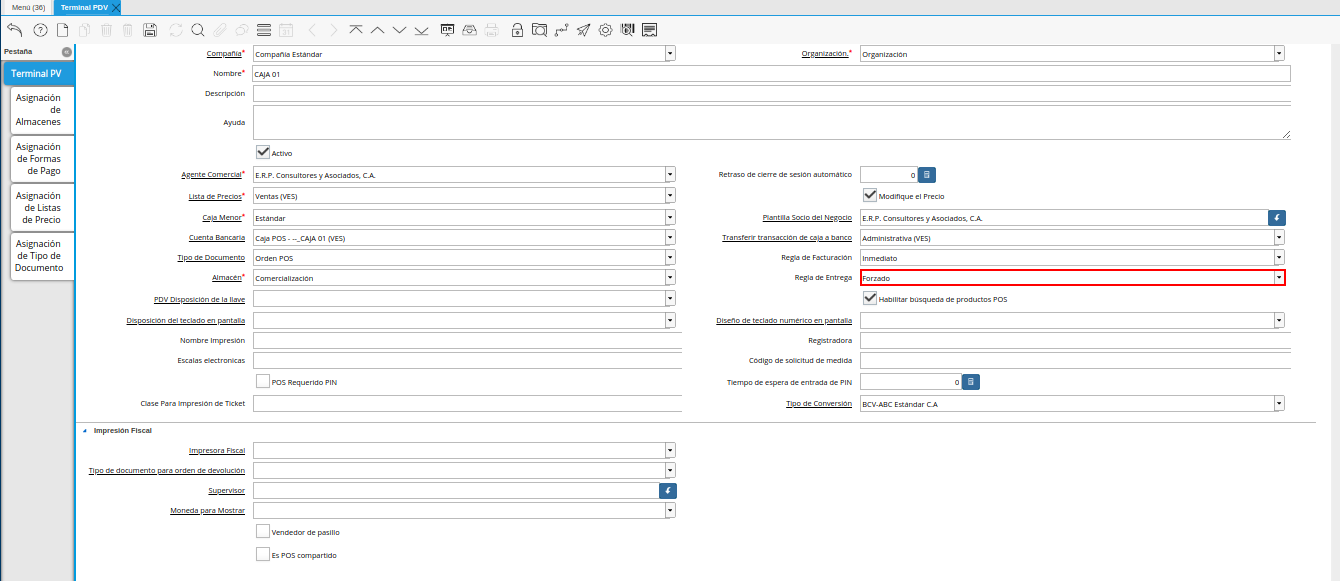 Campo Regla de Entrega de la Ventana Terminal PDV