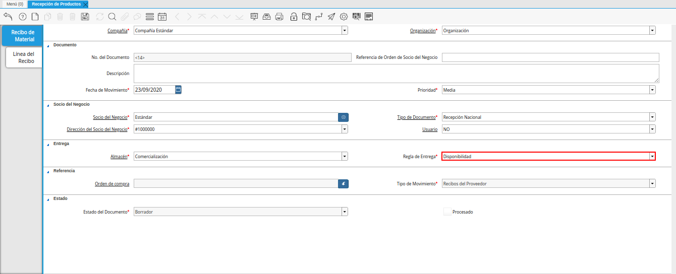 campo regla de entrega de la ventana recepción de productos