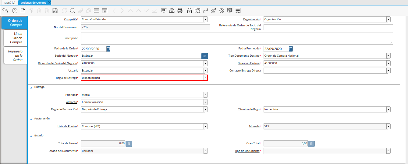 campo regla de entrega de la ventana órdenes de compra