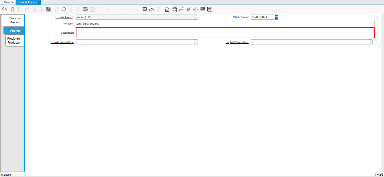 campo descripción para lista de precios base